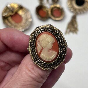 Vintage Brass Cameo Jewelry Set (Ring, Earrings, Brooch) Plus Bonus Brooch